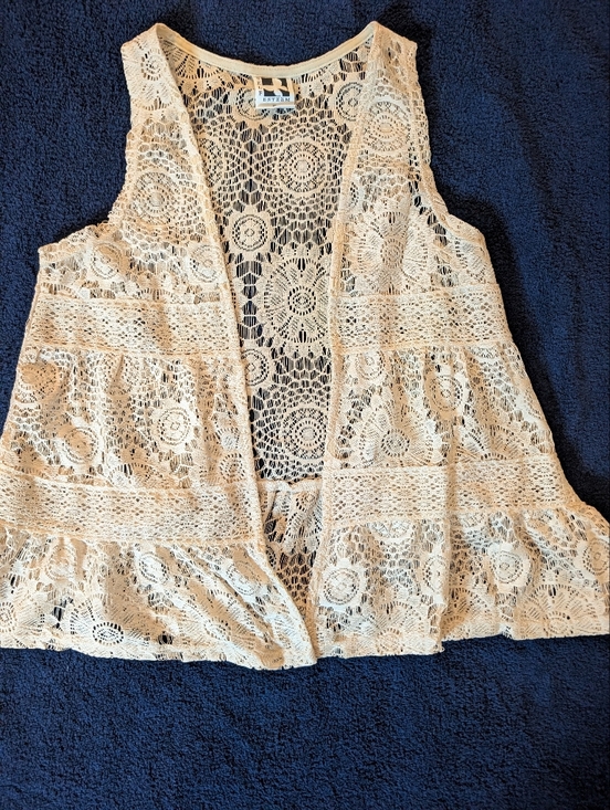 Self Esteem Tops - Cream Crochet‎ Lace open Vest Cardigan Boho Festival Cottagecore coquette